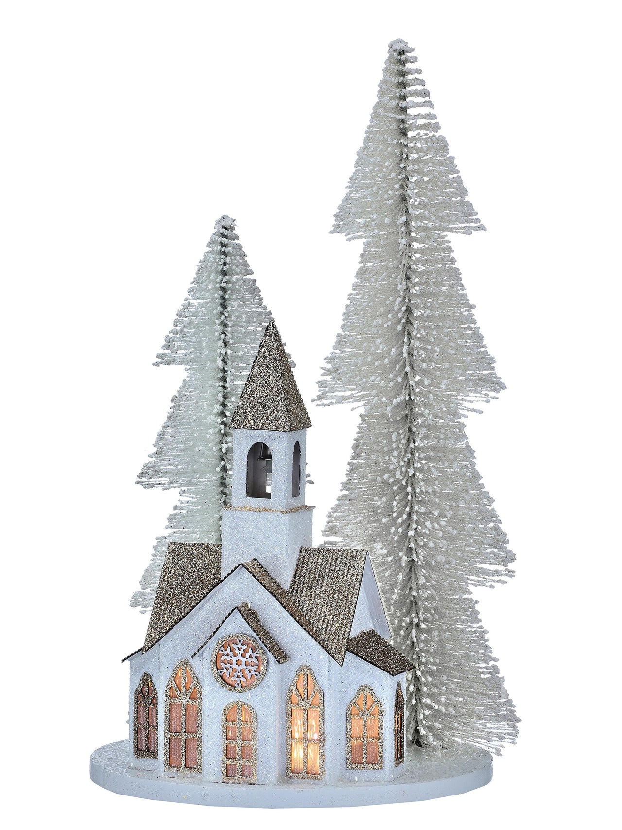 14"Led/Bty/Tmr Church W/Sisel Tree Grove