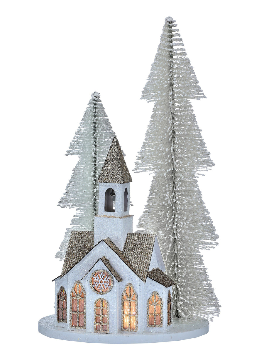 14"Led/Bty/Tmr Church W/Sisel Tree Grove