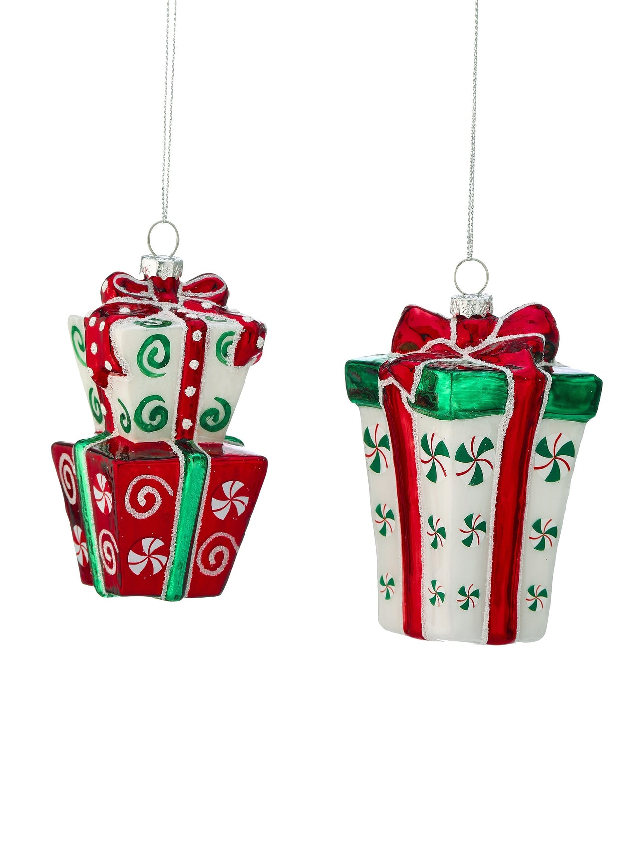 4" Gls Peppermint Gift Box Ornament  2/Ast
