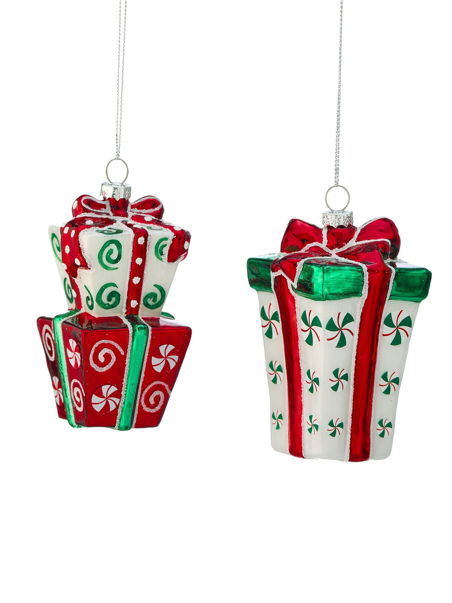 4" Gls Peppermint Gift Box Ornament  2/Ast