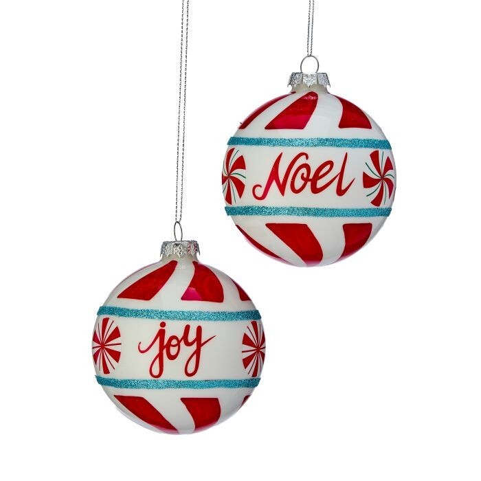 4"Gls "Joy/Noel" Pmint Ball Ornament 2/Ast