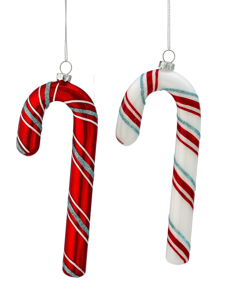 7" Glass Candy Cane Ornament 2/Ast