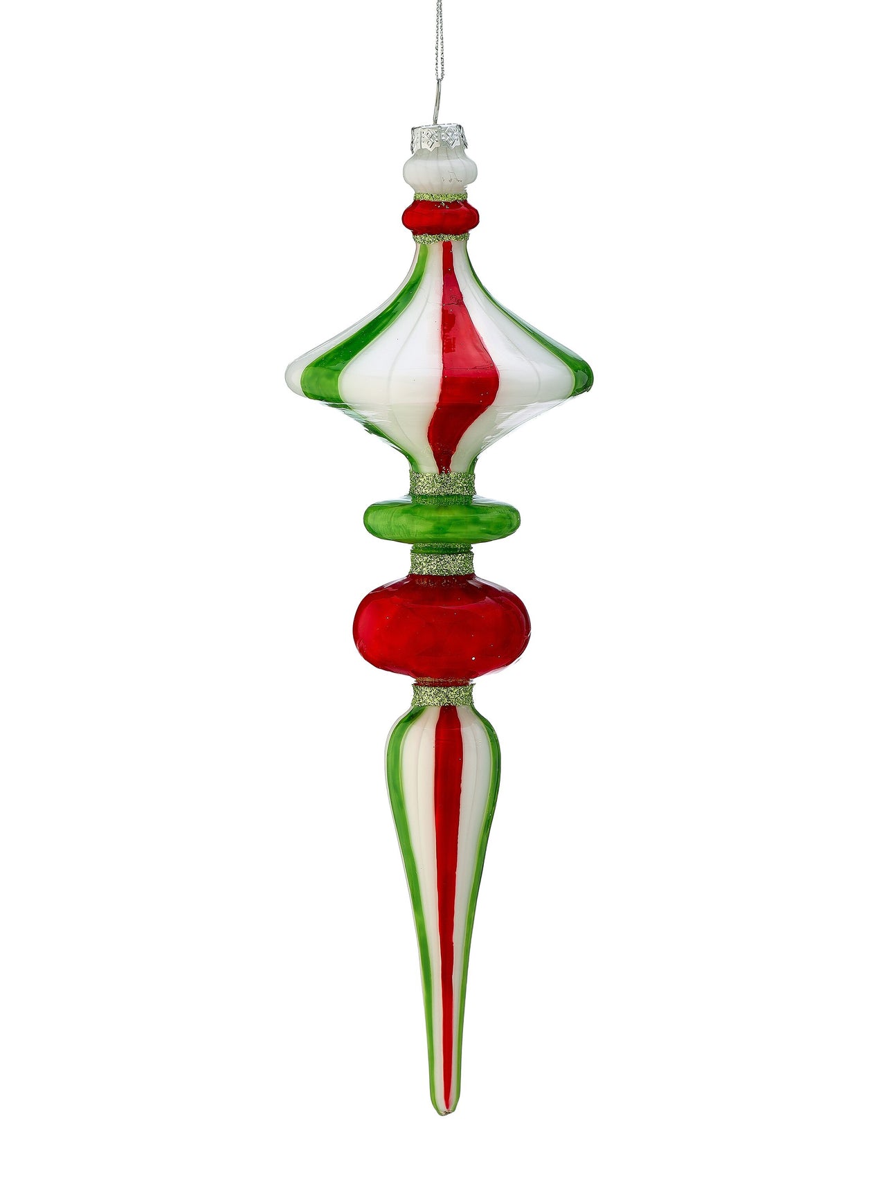 12" Gls Oh What Fun Stripe Finial Ornament