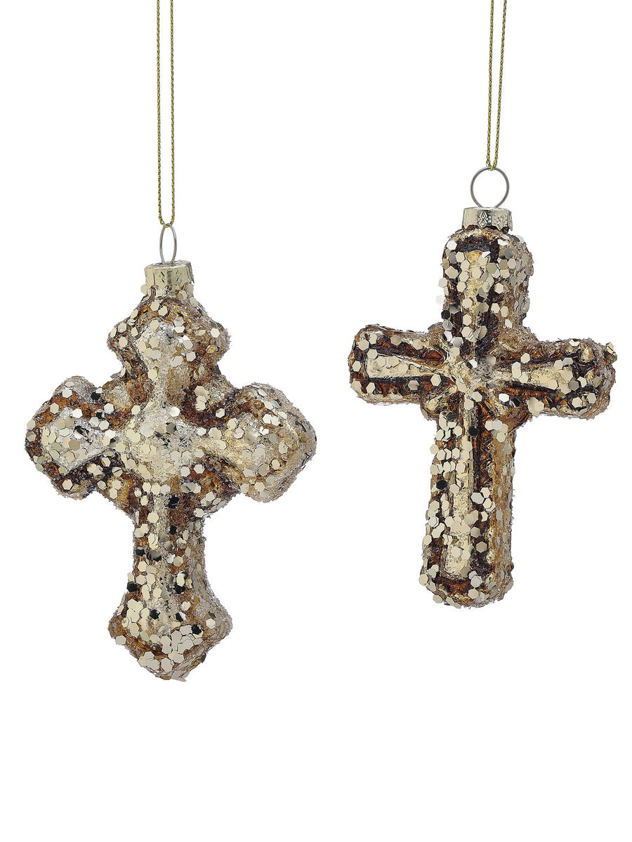 4-5" Gls Antique Glitter Cross Ornament 2/Ast