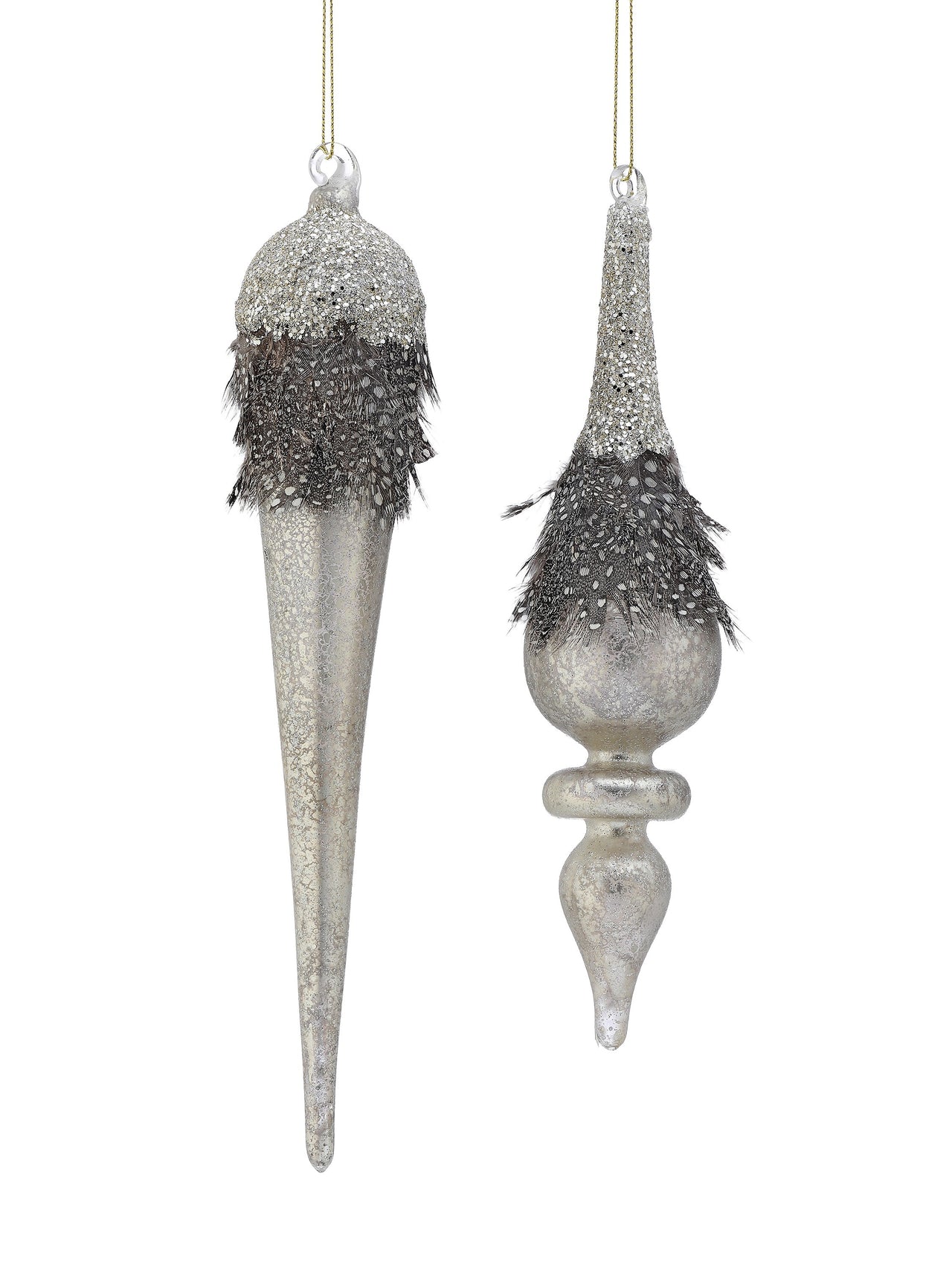 9-10" Gls Gltr/Feather Drop Ornament 2/Ast