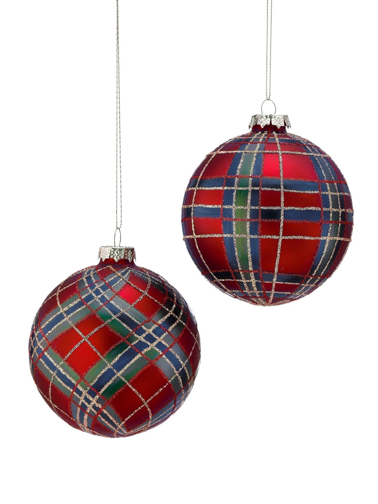 4" Glass Plaid Glitter Ornament 2/Ast