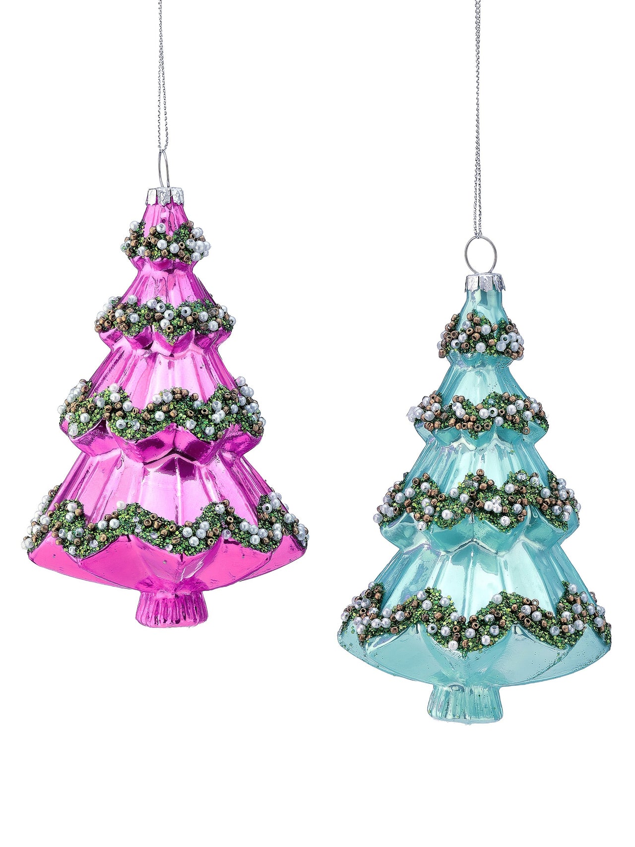 6" Gls Sequin Pearl Tree Ornament 2/Ast