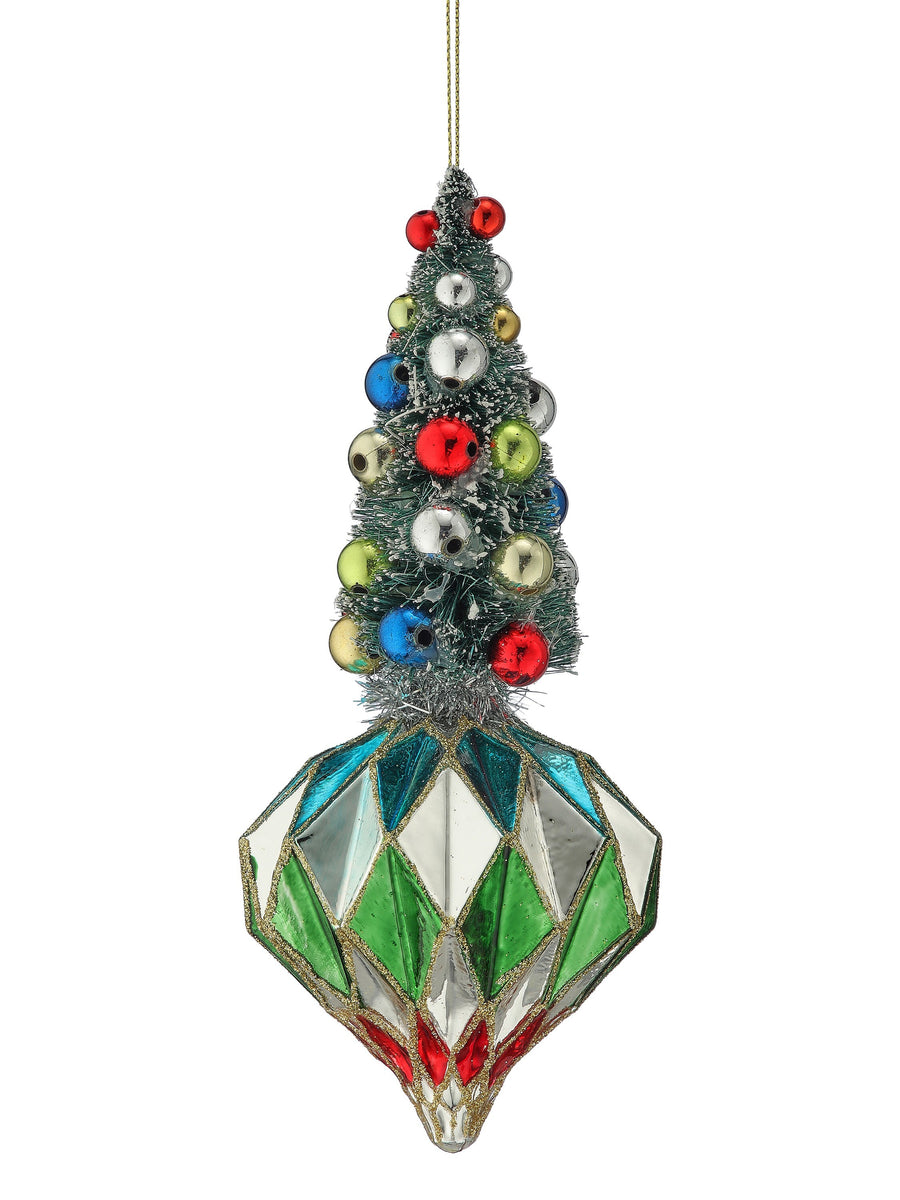 7" Gls Sisel Tree  Diamond Finial Ornament