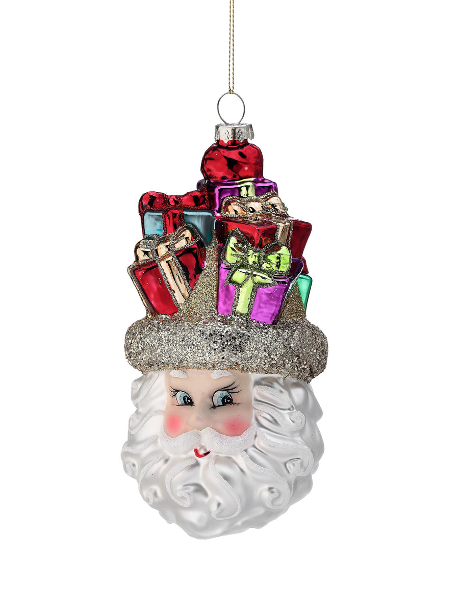 6" Gls Santa Head W/Presents Ornament