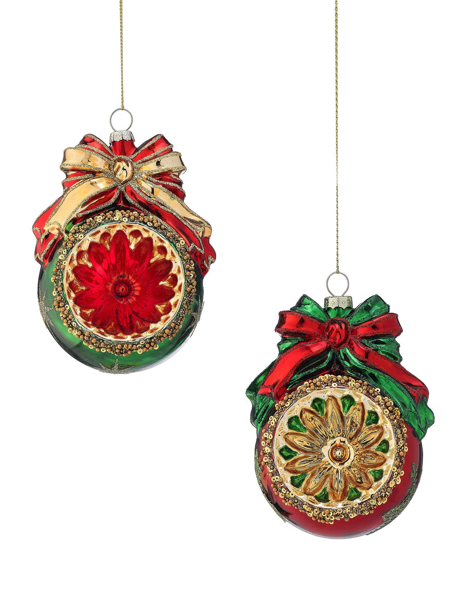5" Gls Refelctor Ball W/Bow Ornament 2/Ast