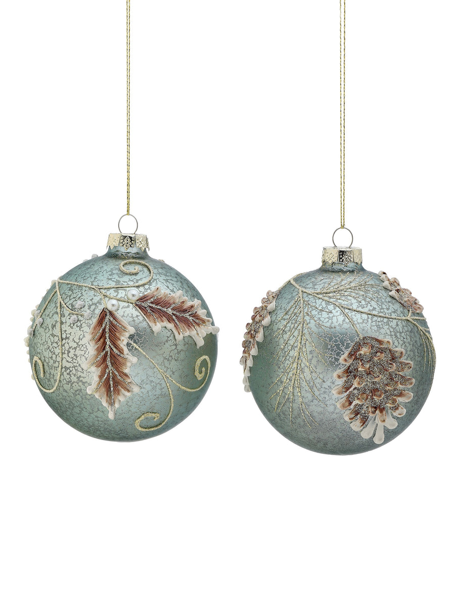 4" Gls Leaf/Cone Swirl Ornament 2/Ast