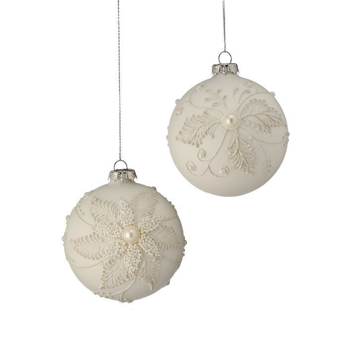 4" Gls Pearl Poinsettia Ball Ornament 2/Ast