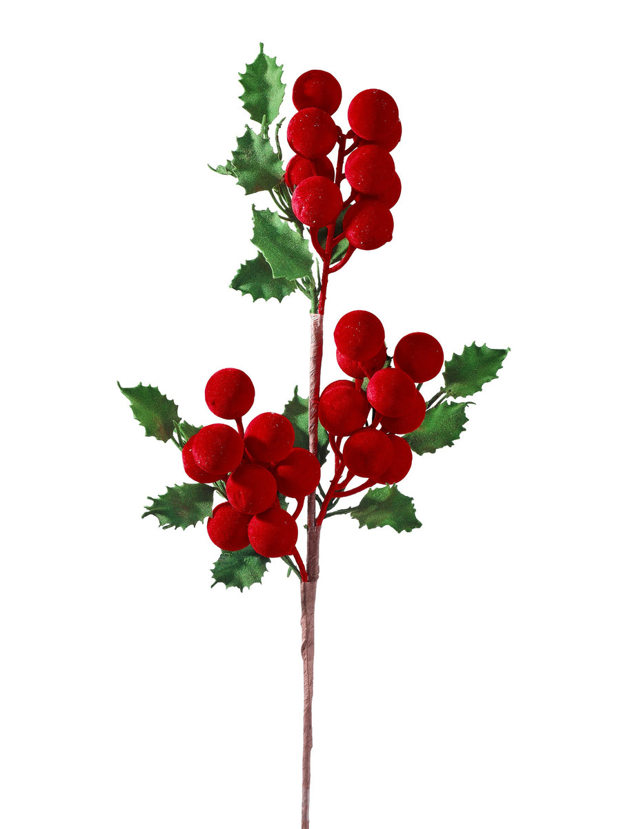 28" Flocked Holly Berry Spray