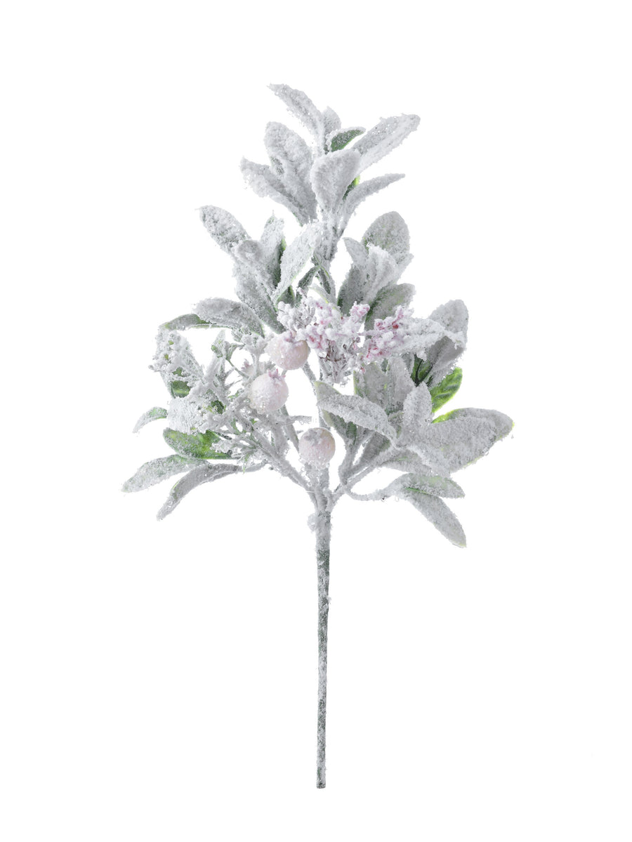 18" Flocked Snow Lambs Ear/Berry Spray