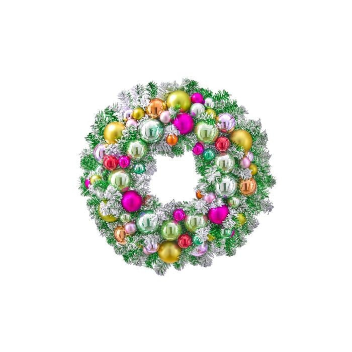 24" Snow Glitter/Ball Retro Wreath