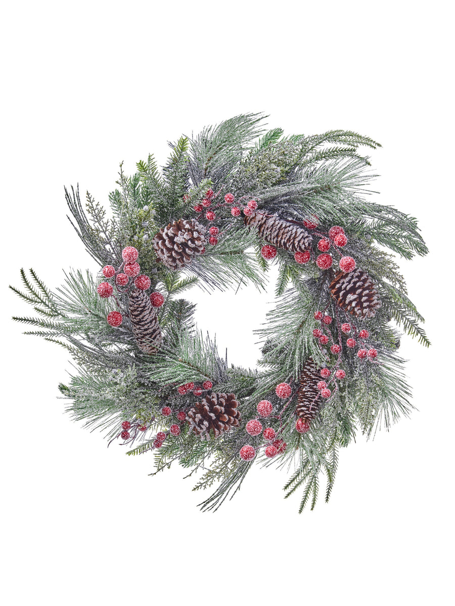 24" Iced Glitter Berry/Cone/Egreen Wreath