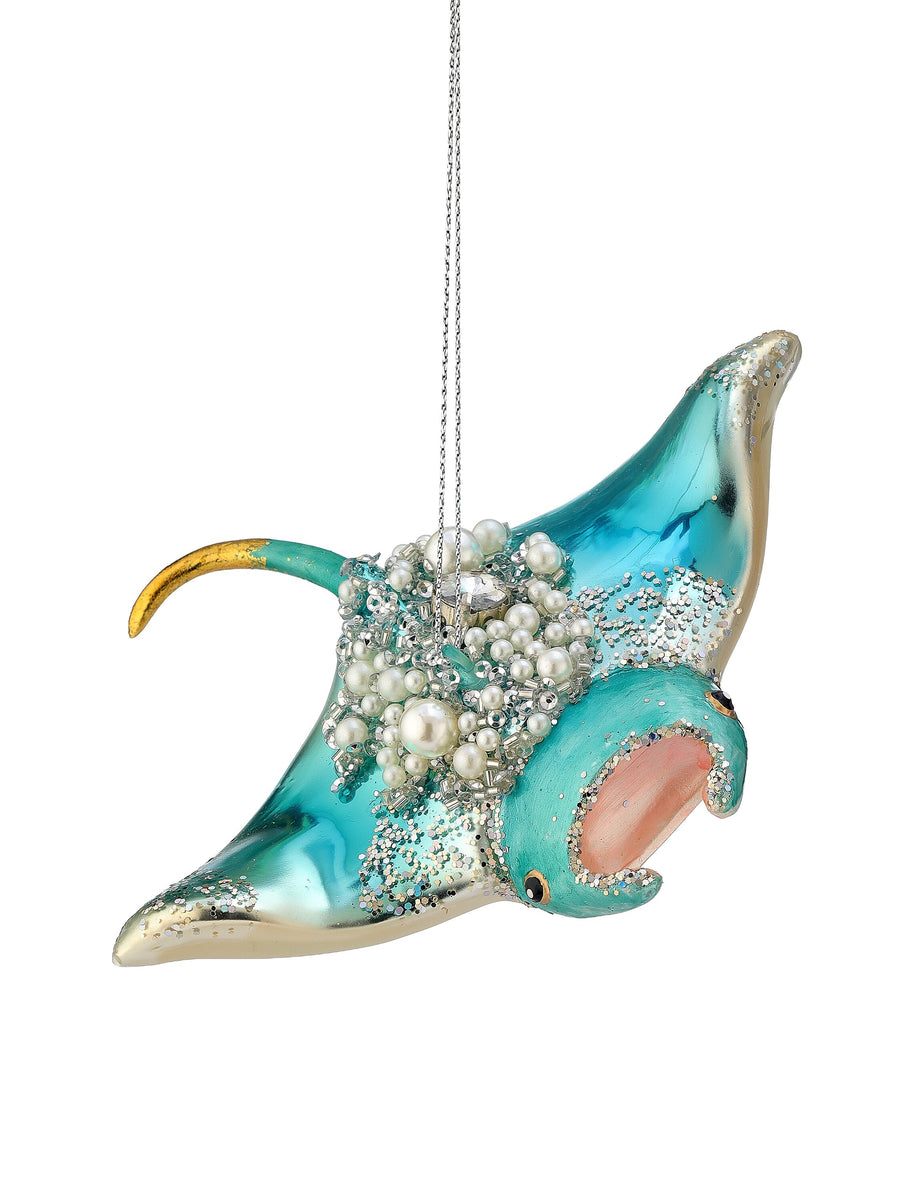 6" Gls Stingray W/Pearls Ornament