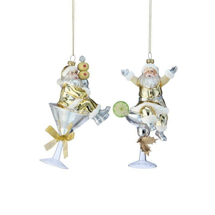 7.5" Rsn/Gls Santa/Martini Ornament 2/Ast