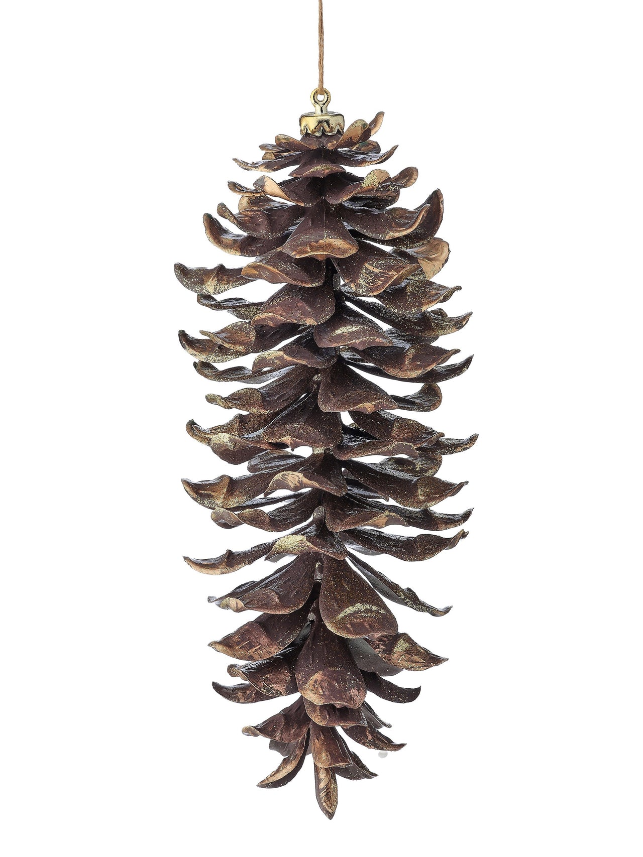 11" Plstc Winter Gold Leaf Pine Cone Ornament