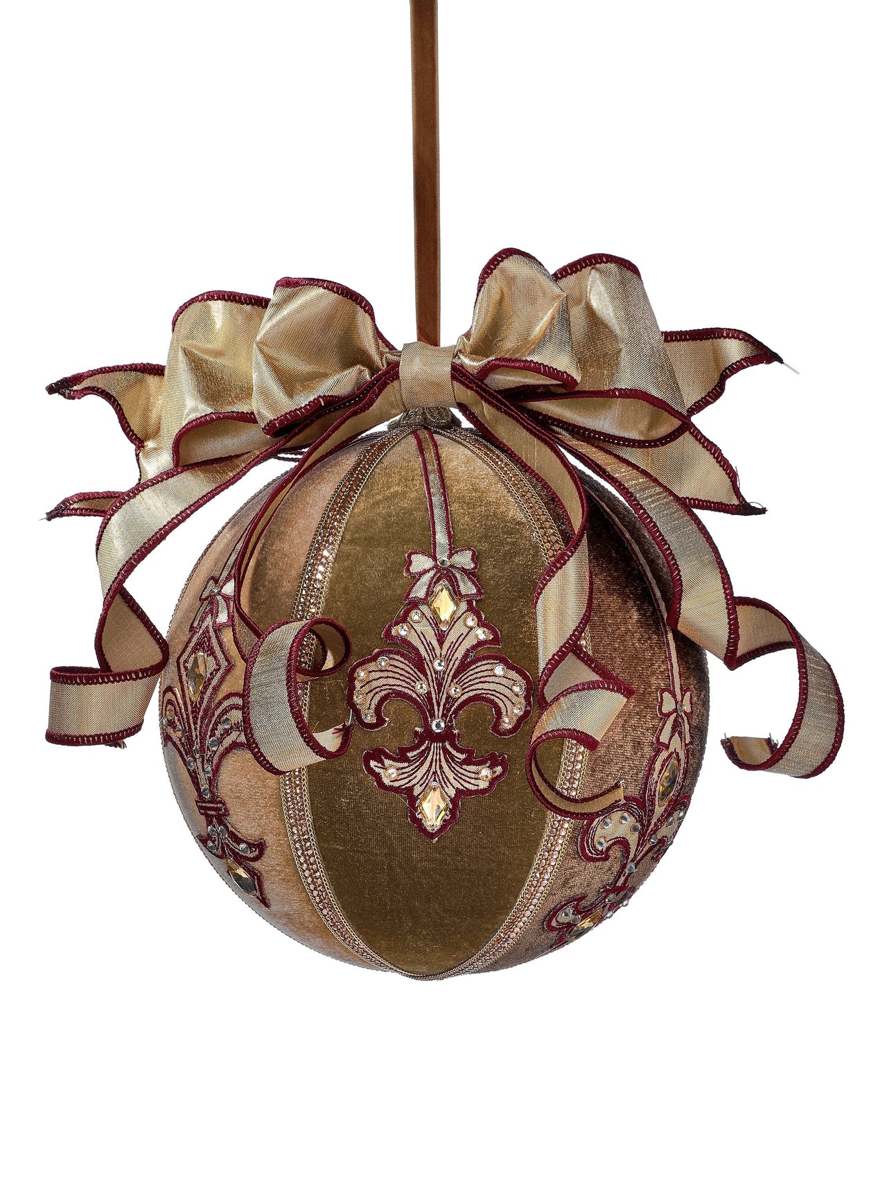 8" Fluer De Lis W/Bow Velvet Ball Ornament