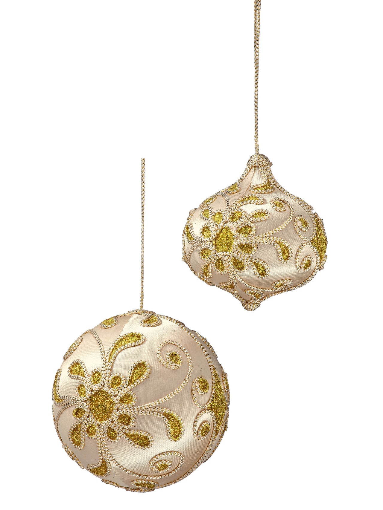 4" Fbrc W/Cord/Gltr Ball/Onion Ornament 2/Ast