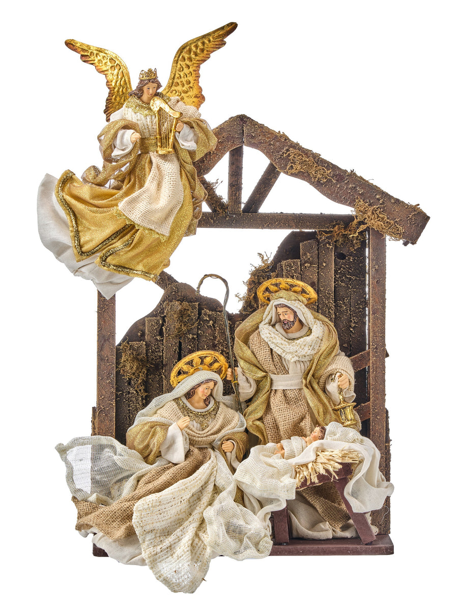26" Wood Cresh Holy Family W/Angel