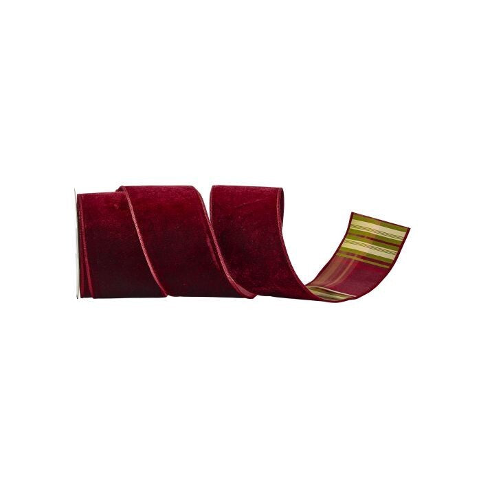 4"X10Y Vlvt W/Burgundy Plaid Backed Ribbon