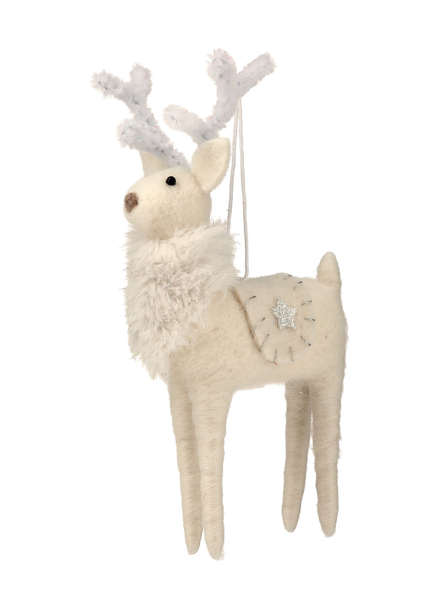 7" Felt/Wool Winter White Deer Ornament
