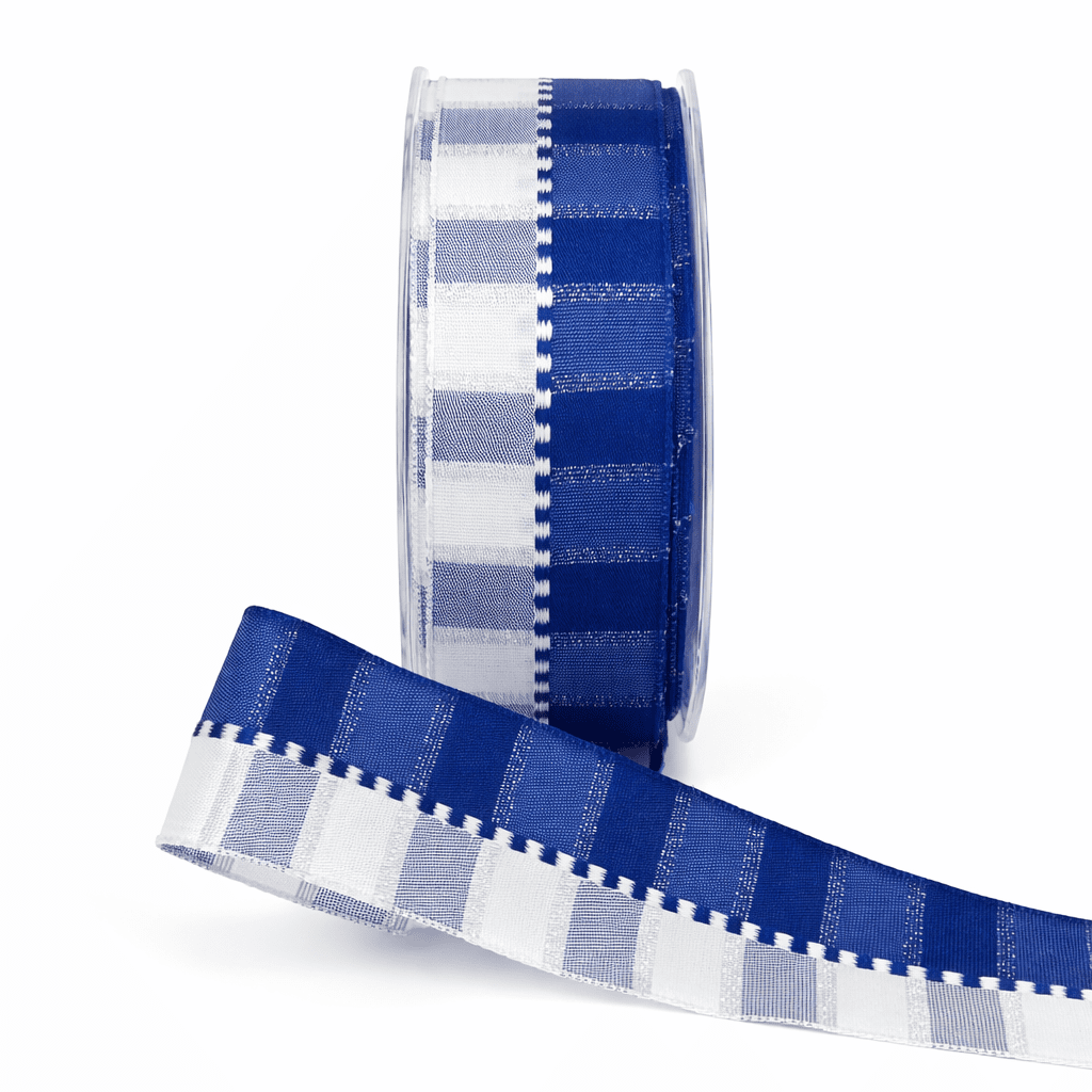 1.5 Inch Woven Holiday Ribbon with Wired Edge – MX03 – BLUE/WHITE/SILVER STRIPES