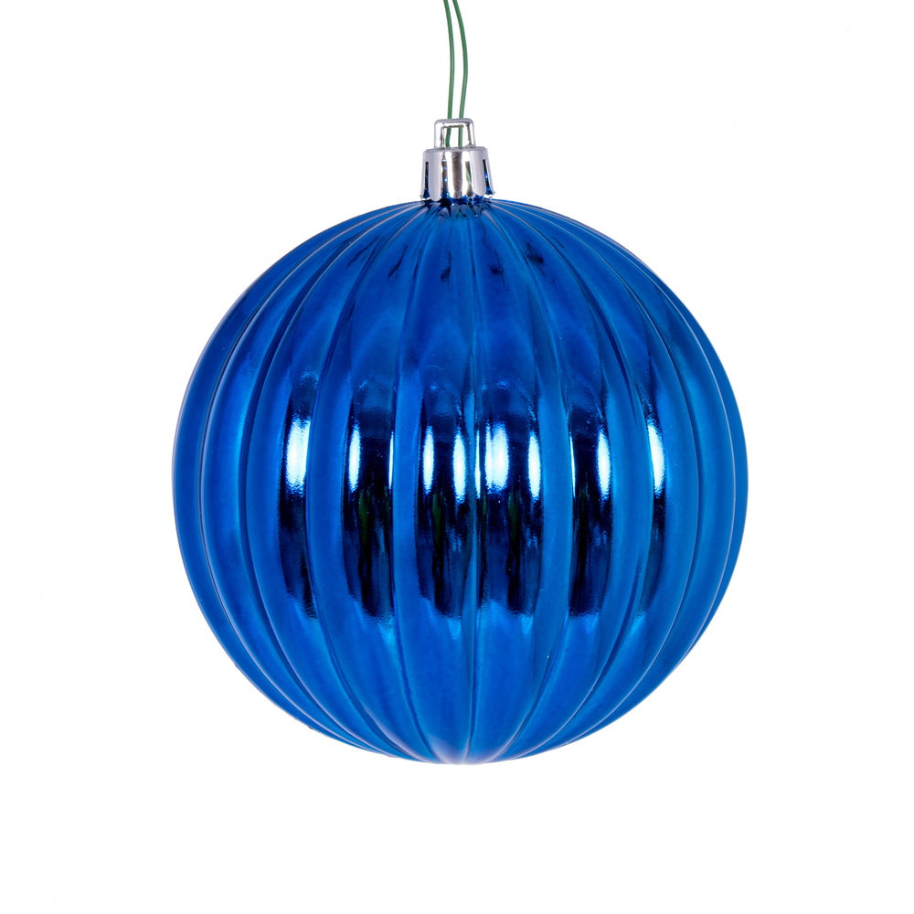 4" Blue Shiny Lined Ball Ornament