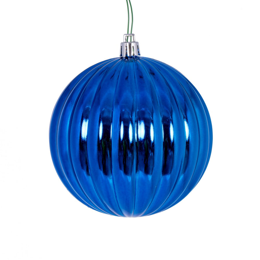 4" Blue Shiny Lined Ball Ornament