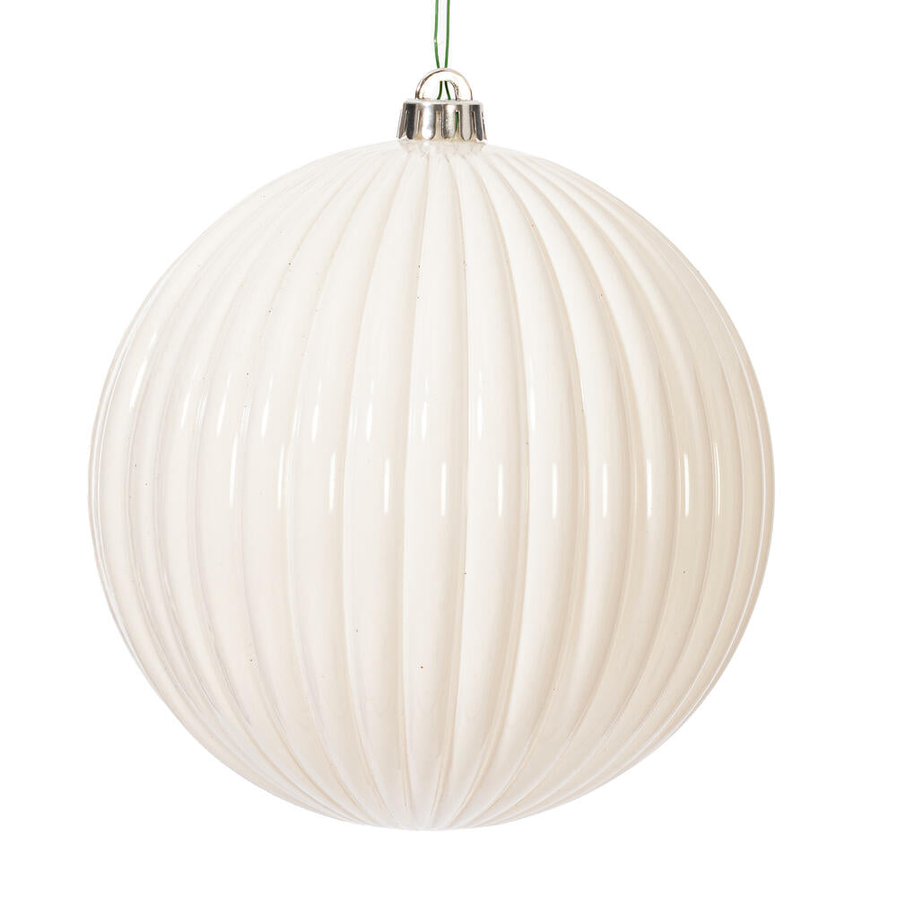 8" White Shiny Lined Ball Ornament