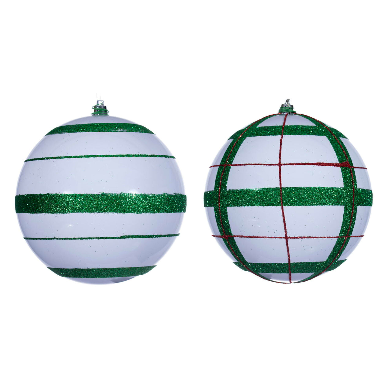 6" White Ball Orn Red/Green Glitt 4/Asst