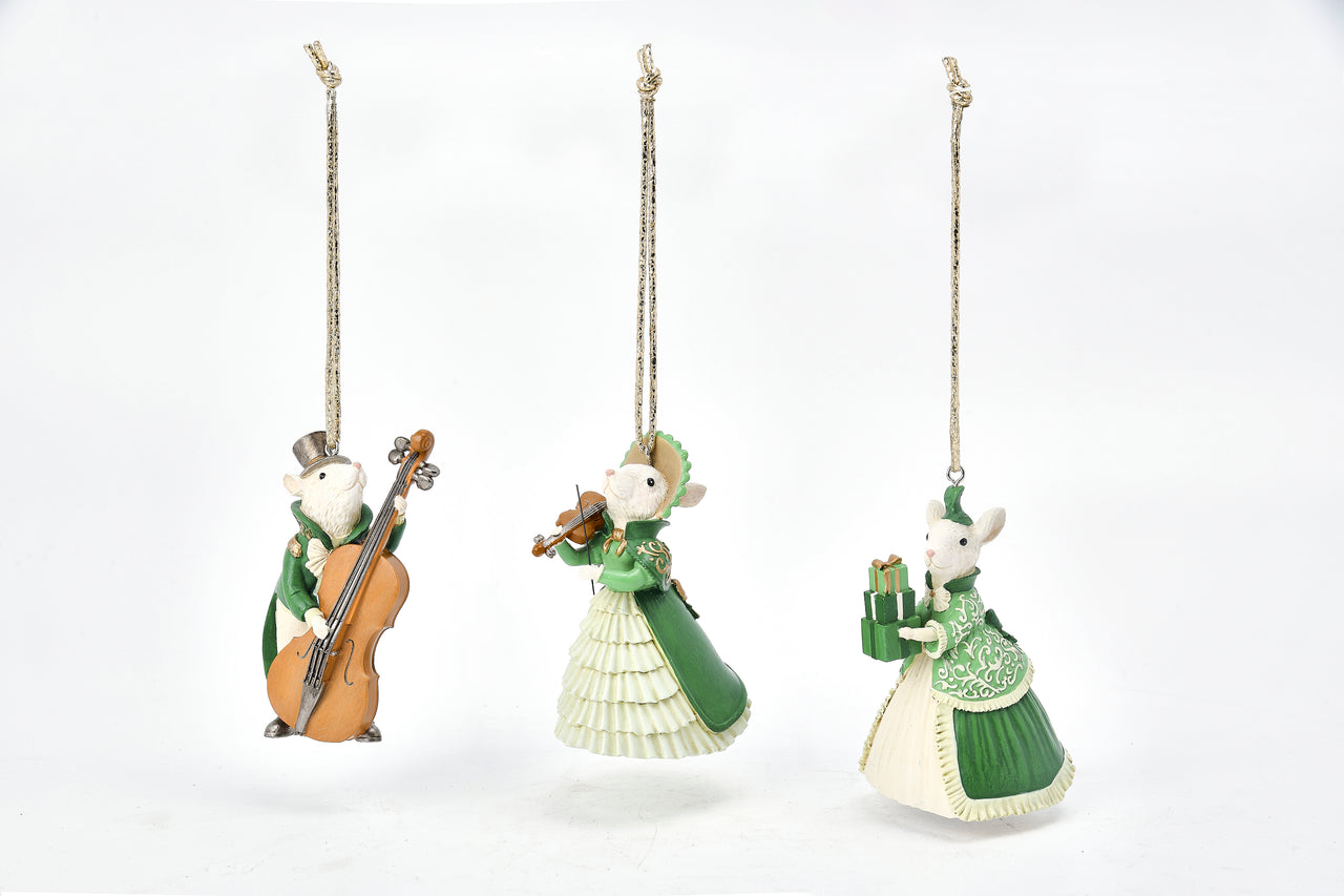 3 Asst., Mouse W/ Cello/ Violin/ Gift Ornaments