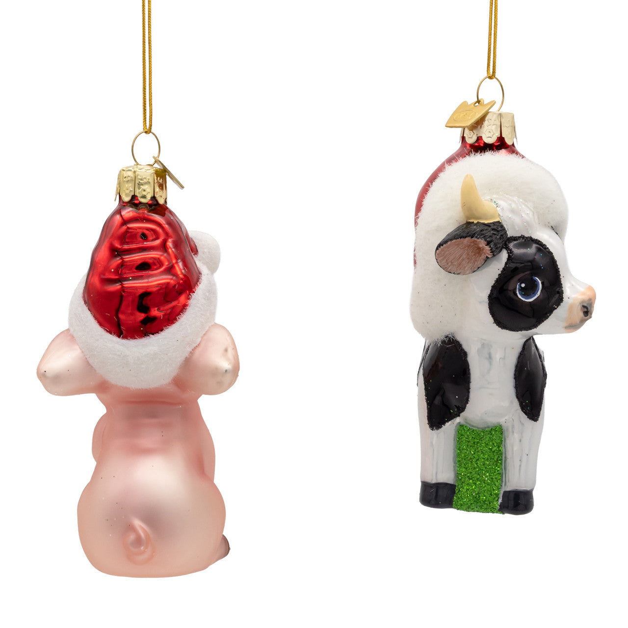 Noble Gems™ Glass Cow & Pig With Santa Hat Ornaments
