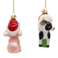 Noble Gems™ Glass Cow & Pig With Santa Hat Ornaments