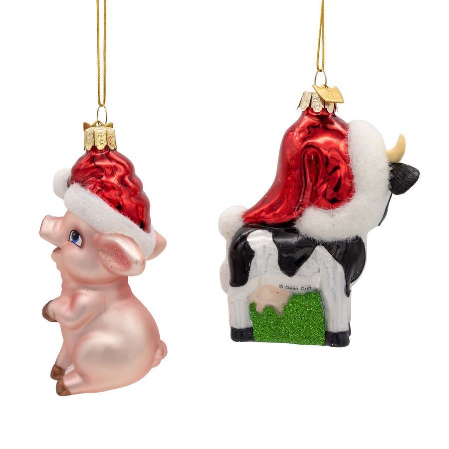 Noble Gems™ Glass Cow & Pig With Santa Hat Ornaments