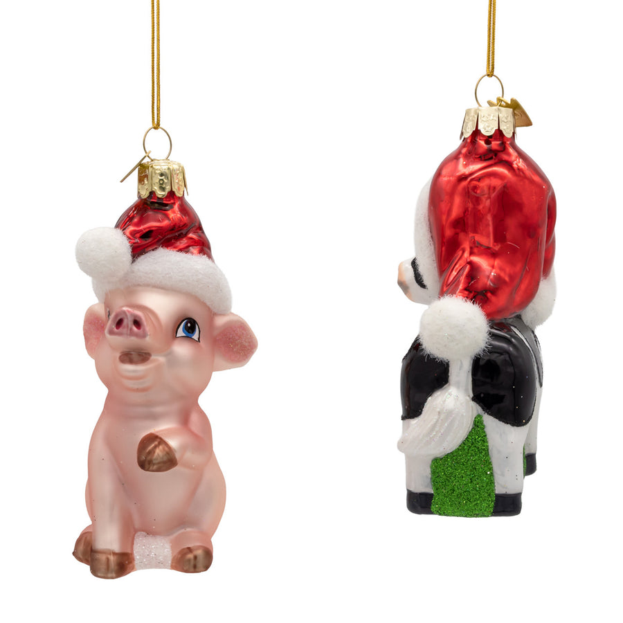 Noble Gems™ Glass Cow & Pig With Santa Hat Ornaments