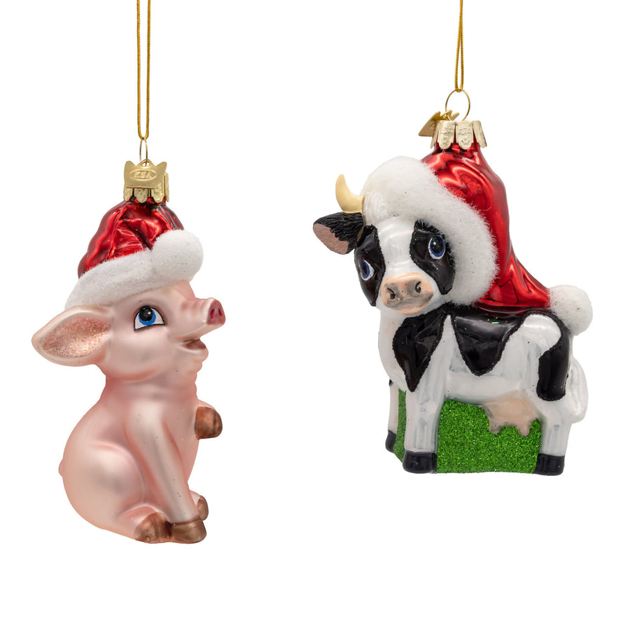 Noble Gems™ Glass Cow & Pig With Santa Hat Ornaments