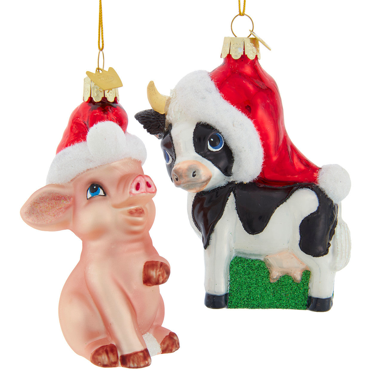 Noble Gems™ Glass Cow & Pig With Santa Hat Ornaments
