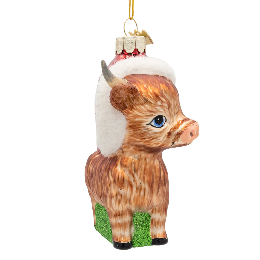Noble Gems™ Glass Highland Cow With Santa Hat Ornament