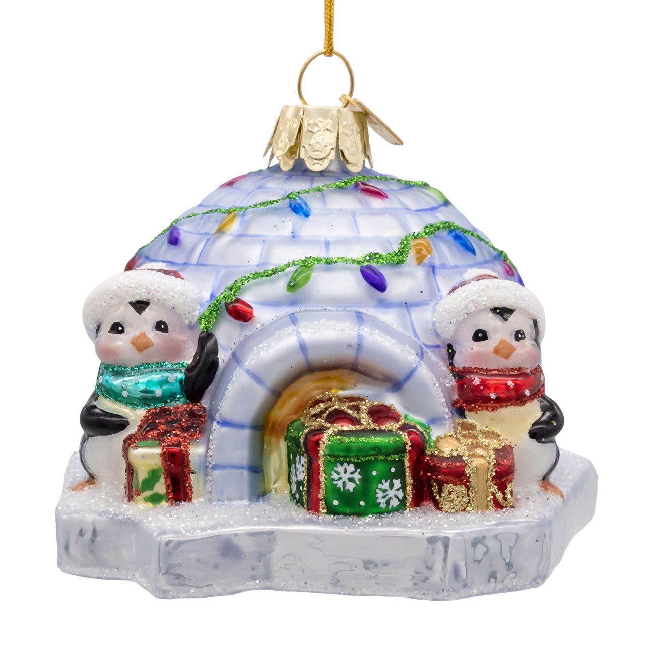 Noble Gems™ Glass Igloo With Penguins & Gifts Ornament