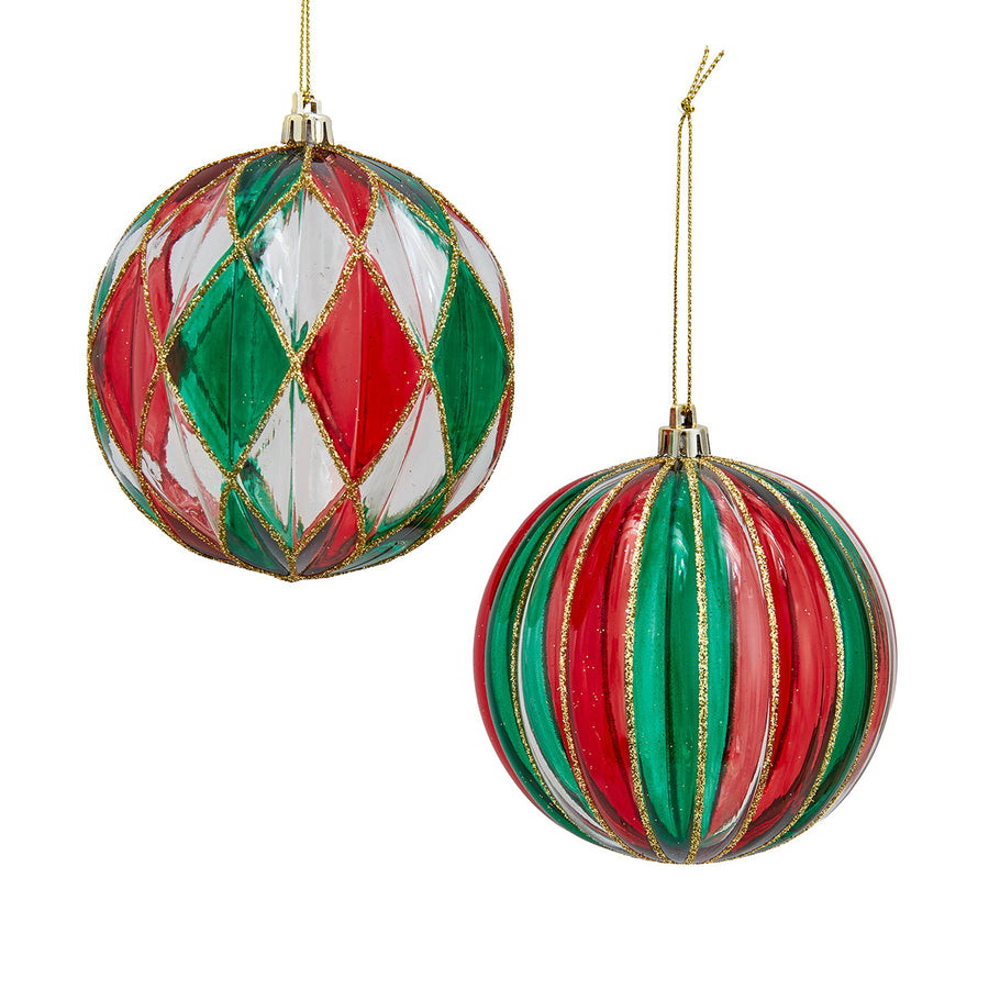 100MM Shatterproof Red & Green Stripe & Checkered Ball Ornaments