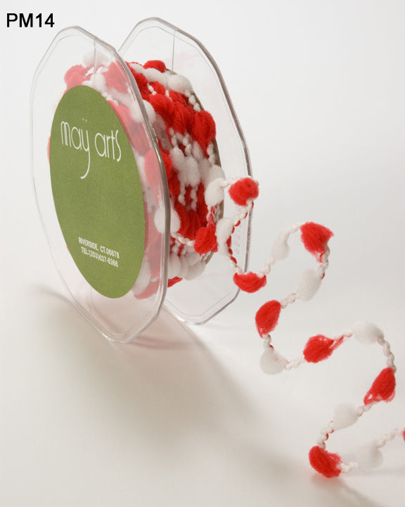 3/8 Inch Medium Pom Pom Wired String Cord Ribbon – PM14 – RED/WHITE