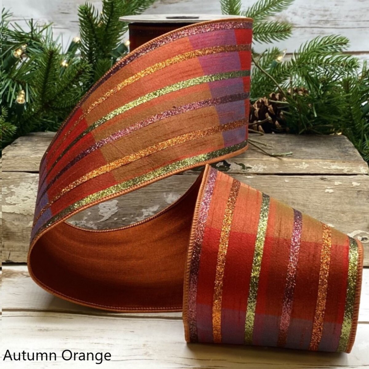 Faux Dupion Plaid Ribbon with Glitter Stripe 4" x 5 Yds