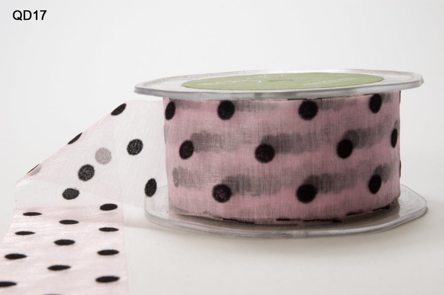 1.5 Inch Sheer with Velvet Dots Ribbon – QD17 – PINK/BLACK DOTS