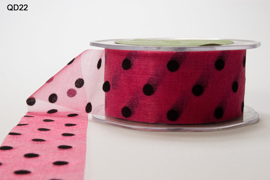 1.5 Inch Sheer with Velvet Dots Ribbon – QD22 – FUCHSIA/BLACK DOTS