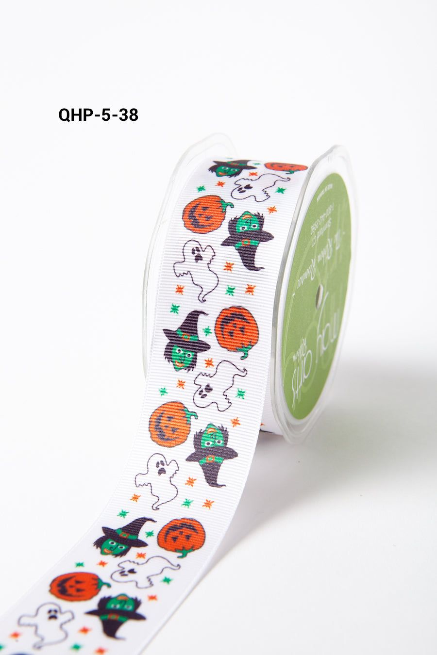 1.5 Inch Grosgrain Halloween Pumpkin Ghost Witch Print Ribbon with Woven Edge – QHP-5-38 – White Pumpkin / Ghost / Witch