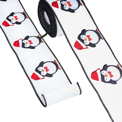 4" X 10 Yds Penguin Embroidered Wired Ribbon
