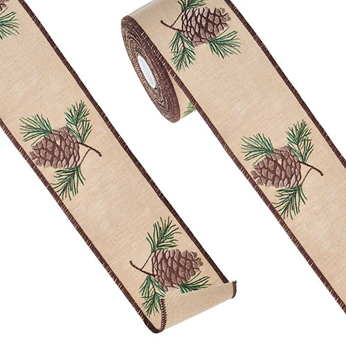 4" X 10 Yds Pinecone Embroidered Wired Ribbon